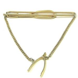Swank Tie Bar Wishbone Gold Good Luck Chain Pendent Vintage Men's Formal Wear